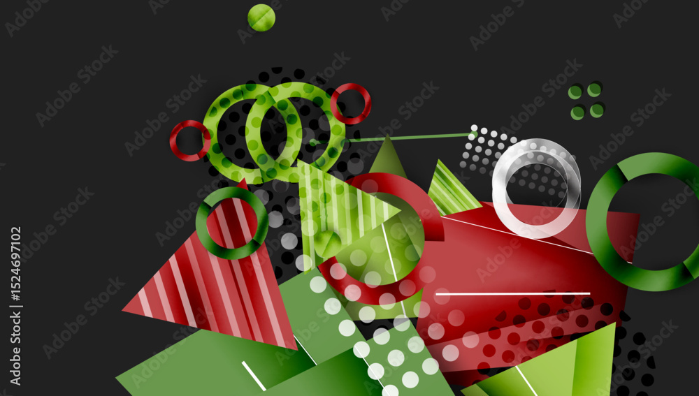 Poster abstract geometric composition. red, green elements overlap, creating dynamic visual texture. circle