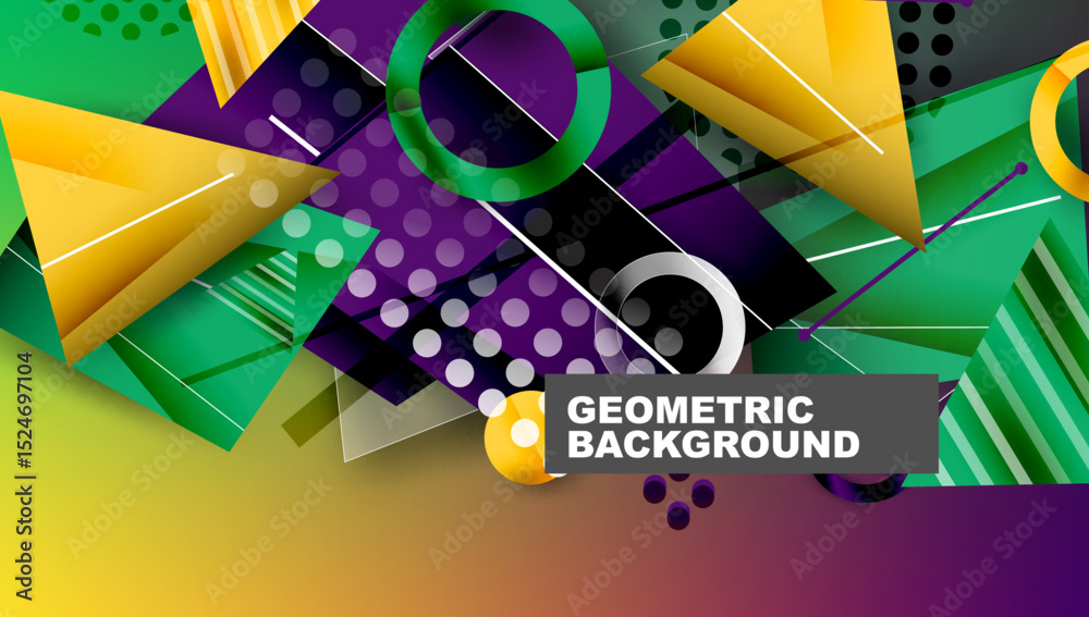 Poster Abstract geometric composition. Vibrant colors, shapes overlap creating dynamic visual effect. Modern design, gradients present.