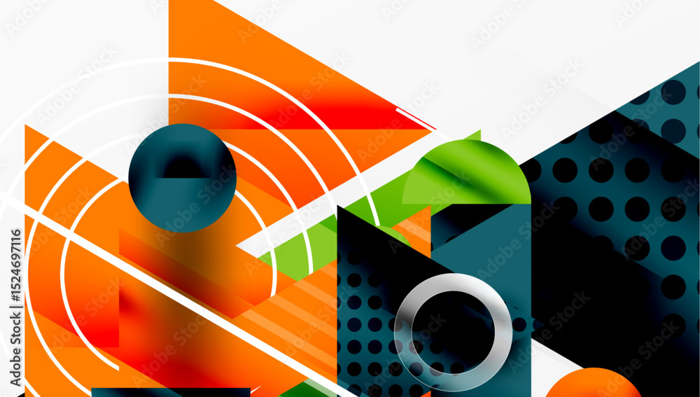 Aufkleber Abstract geometric composition. Bright orange, teal, white shapes overlap creating dynamic visual effect. Modern design elements present.