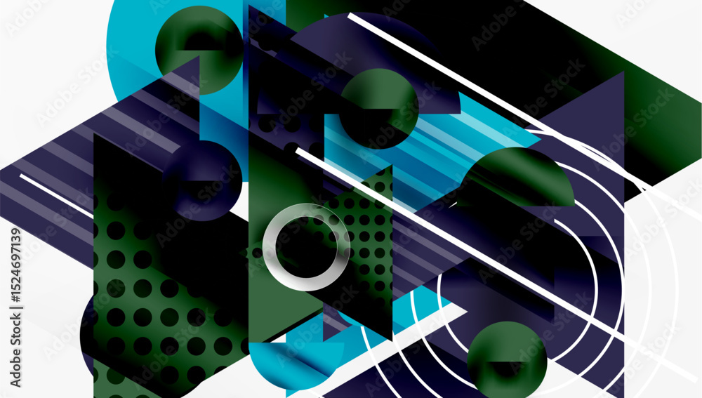 Aufkleber Abstract geometric composition. Shapes overlap, creating dynamic visual effect. Cool color palette dominates design.