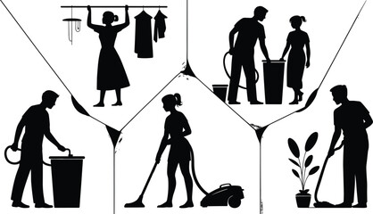 Obraz premium Silhouette Illustration of Everyday Home Chores: Cleaning, Gardening, Laundry, and Waste Management flat vector illustration