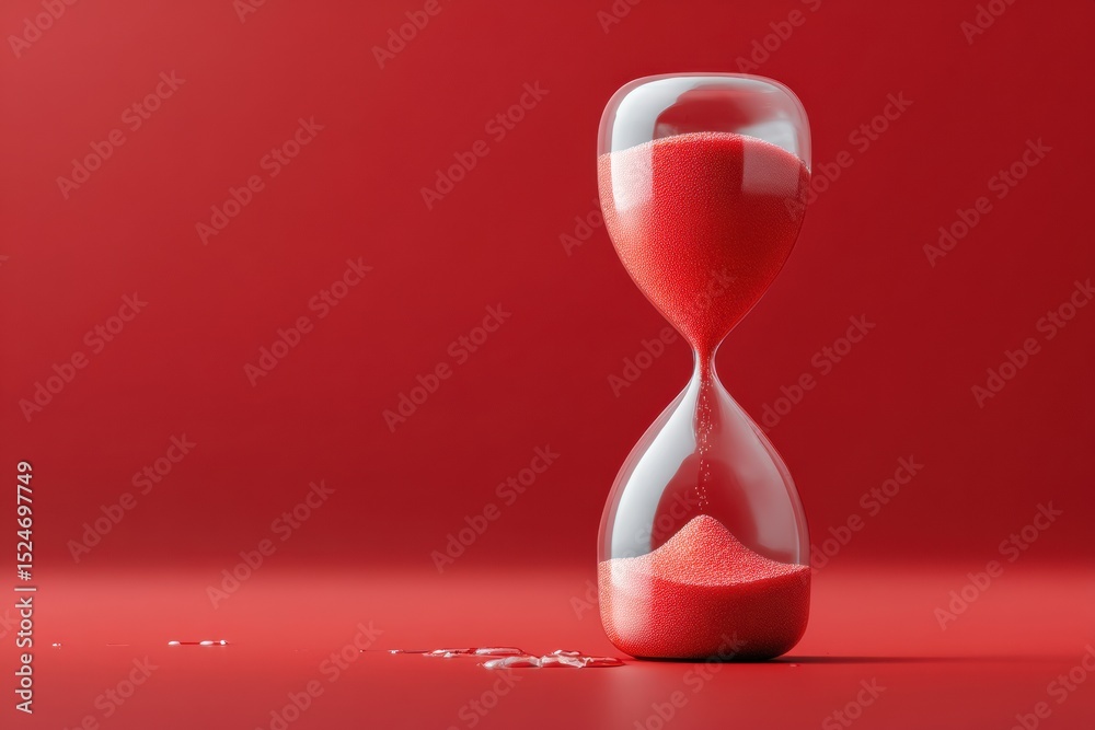 Poster modern business hourglass with flowing red sand on minimalist red background symbolizing time pressu