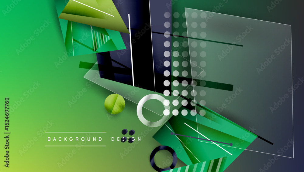 Poster Abstract geometric composition. Green gradients dominate, featuring overlapping shapes, lines, circles. Modern design elements create dynamic visual effect.