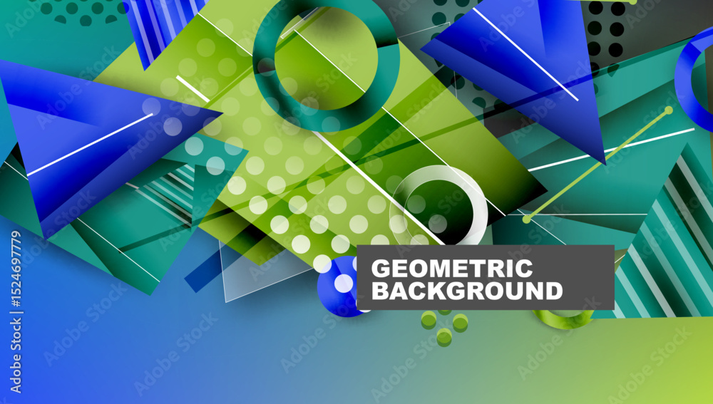 Poster Abstract geometric composition. Blue, green gradients dominate. Shapes overlap creating dynamic visual effect. Modern design element.