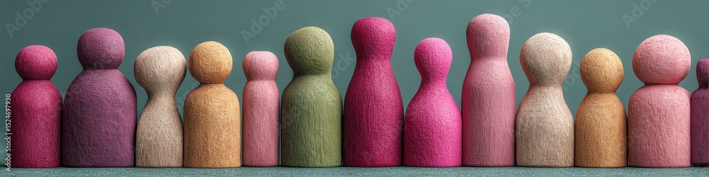Poster handcrafted wooden figurines representing diversity and inclusion in workplace culture with folk art
