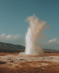 Dramatic Geothermal Geyser Eruption with Mineral Deposits in Barren Landscape for Eco Tourism and Natural Energy Awareness