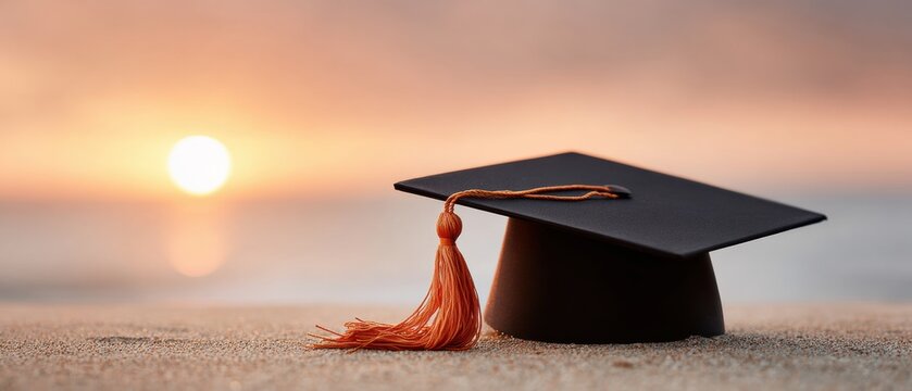 Graduation Mortarboard Cap with Tassel on Warm Golden Hour Surface Symbolizing Academic Achievement and Educational Milestone Completion in Ethereal Light