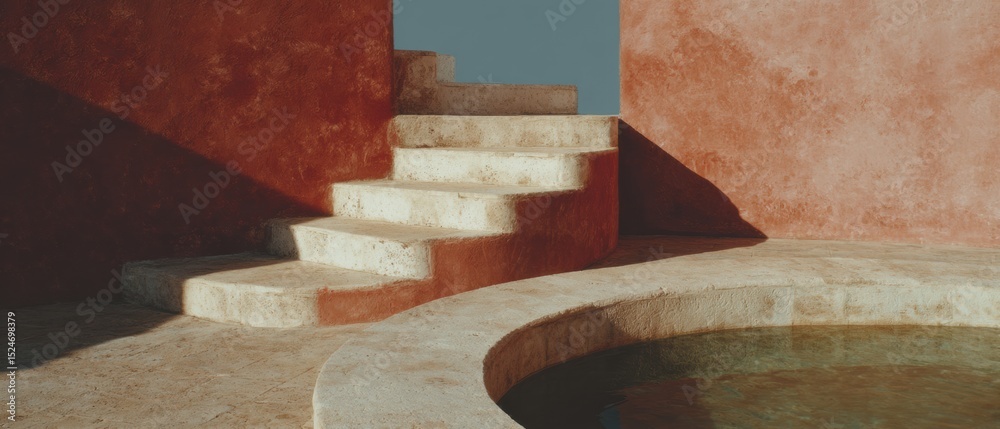 Poster minimalist concrete staircase and curved pool in warm earth tones with soft natural light - modern a