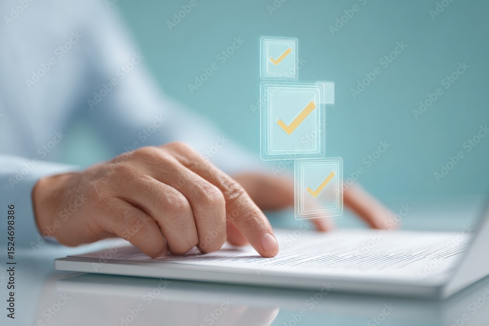 Aufkleber vibrant digital certification review with floating approval icons in tropical sunlit office, symboli