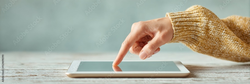 Poster Clean Tech Aesthetic Tablet Survey Interface with Hand Selecting Checkbox on Wooden Table in Natural Light for User-Friendly Mobile Marketing