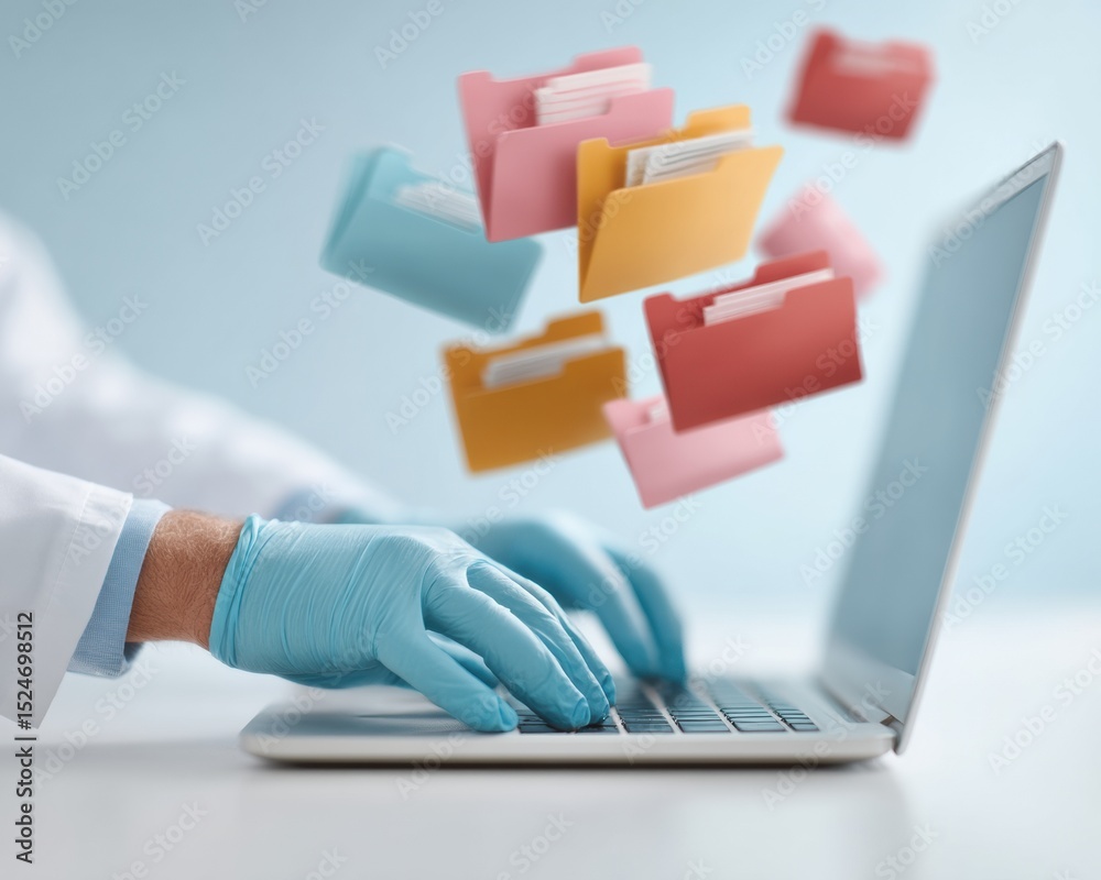 Poster Digital Document Upload with Colorful Virtual Folders and Gloved Hands Typing on Laptop for Secure File Transfer and Data Management in Healthcare Tech