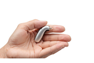 Mini Digital Hearing Aid A small silver hearing technology