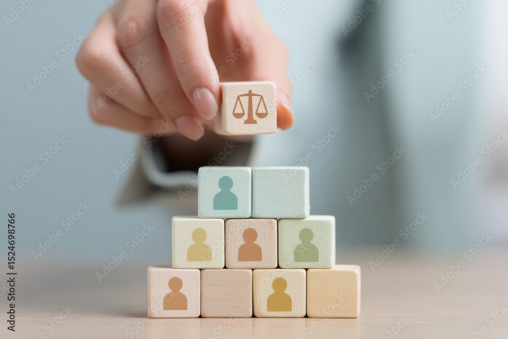 Aufkleber modern corporate concept of collective bargaining with wooden blocks and justice scale symbolizing l