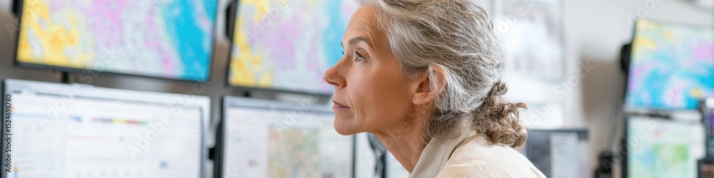 Aufkleber Experienced Meteorologist Monitoring Hurricane Data on Multiple Screens in Emergency Operations Center for Real-Time Climate Crisis Preparedness and Response