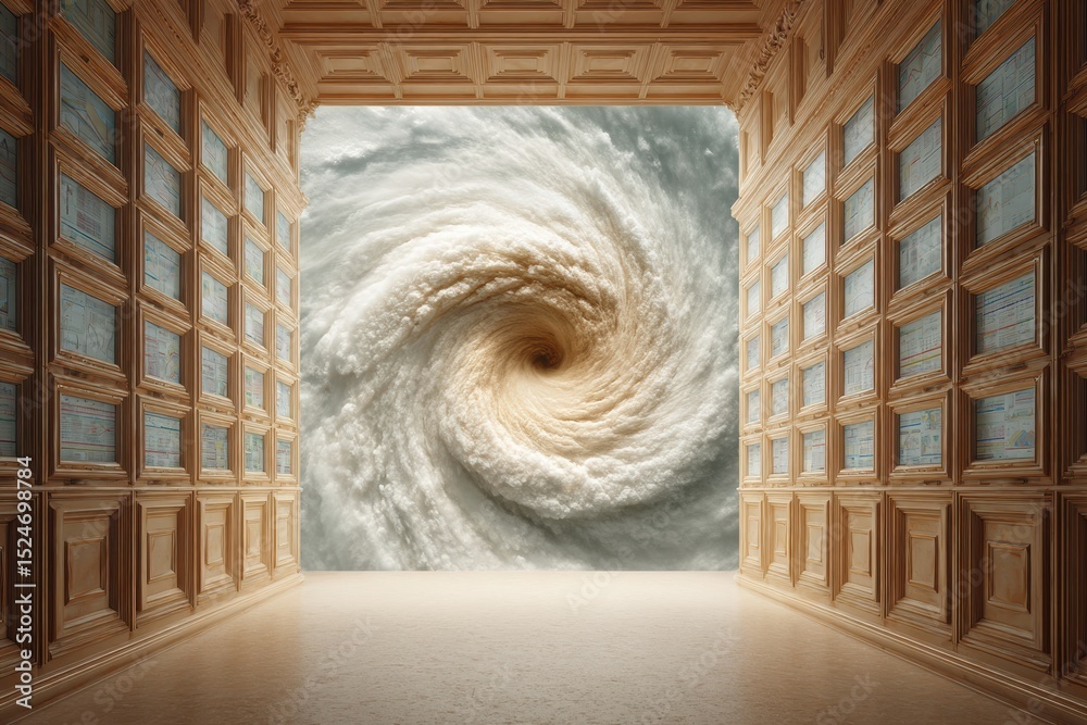 Poster Advanced Hurricane Monitoring Center with Multiple Large Screens Displaying Detailed Climate Data and Weather Patterns for Emergency Preparedness