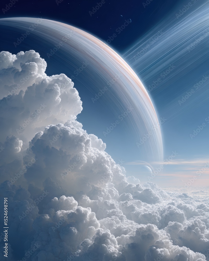 Poster futuristic celestial landscape with giant ringed planet and expansive clouds for sci-fi gaming and s