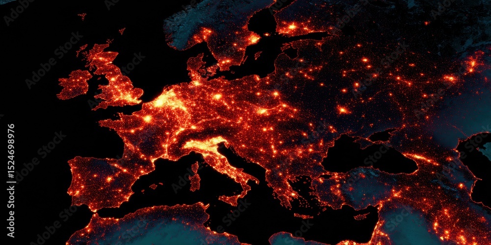 Poster illuminated europe from space showing global connectivity and human civilization footprint in a tech