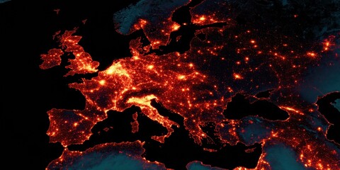 Illuminated Europe from Space Showing Global Connectivity and Human Civilization Footprint in a Tech-Driven Environmental Awareness Concept