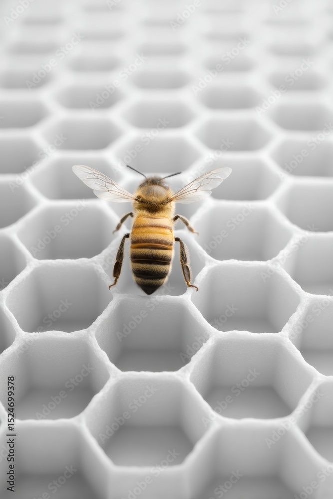 Aufkleber Minimalist close-up of queen bee on hexagonal honeycomb structure symbolizing leadership, teamwork, and efficient hierarchical management in modern business contexts