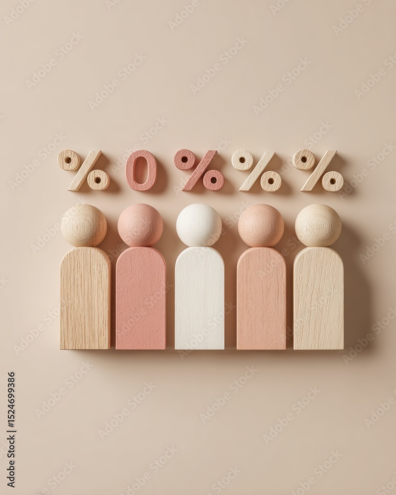 Poster minimalist wooden figurines with percent symbols representing demographic data and social segmentati