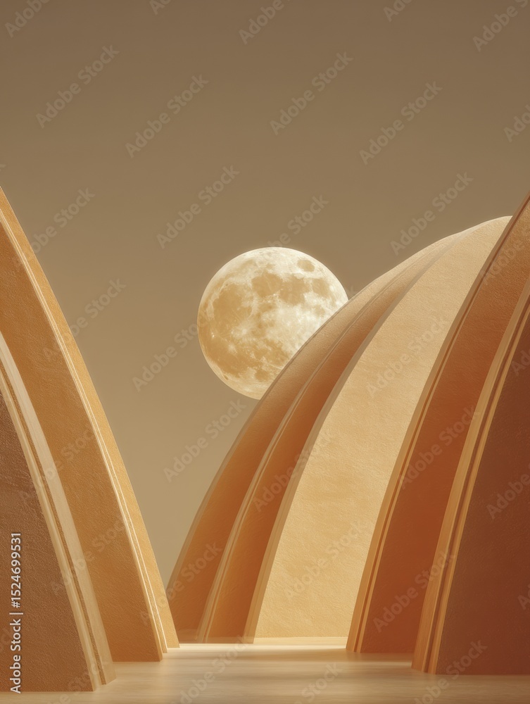 Aufkleber Moonrise over Arch-shaped Structures with Smooth Textures in Warm Twilight - Modern Architectural for Contemporary Design Branding