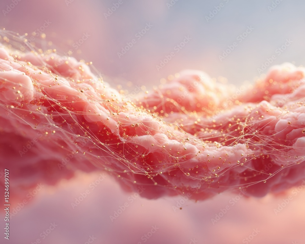 Aufkleber Abstract entangled energy trails connecting particles on soft organic textures, futuristic neural network patterns for tech innovation and digital science media