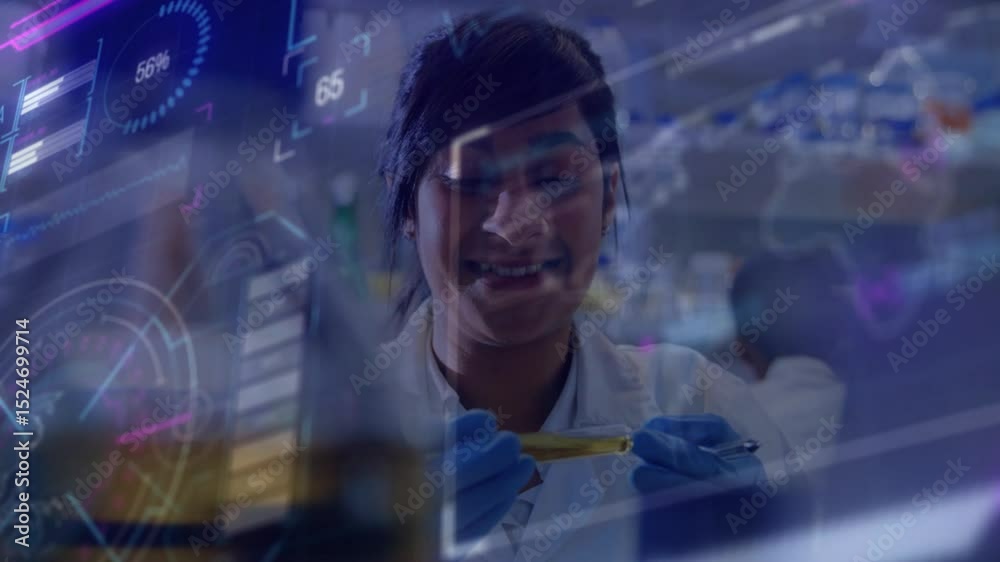 Poster lab scientist rotating test tube activating hologram updating readings, verifying sample data