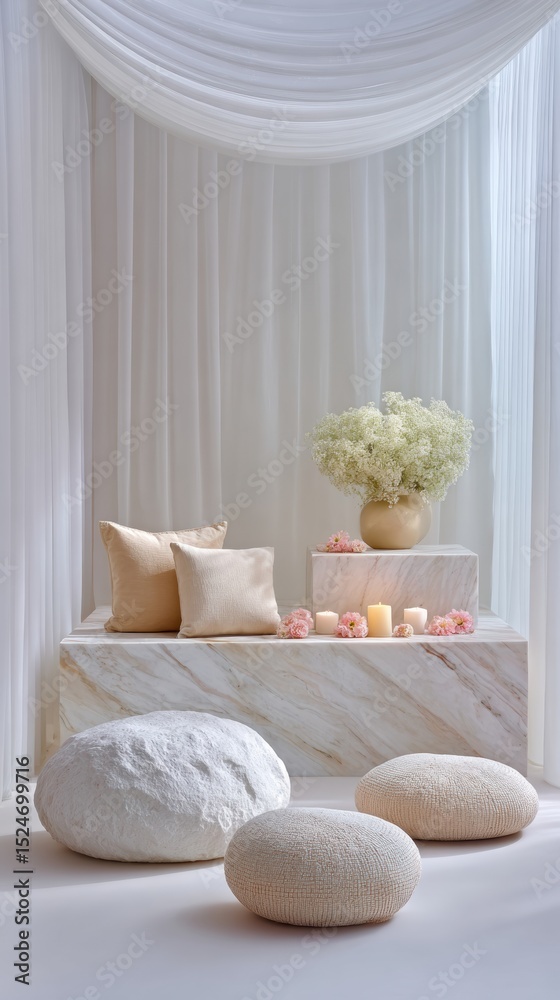 Aufkleber minimalist cacao ceremony space with heart-opening drum circle setup, soft neutrals and textures for