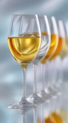 Elegant wine glasses with varying levels of white wine in a polished row, reflecting light at an upscale tasting event for mindful social enjoyment