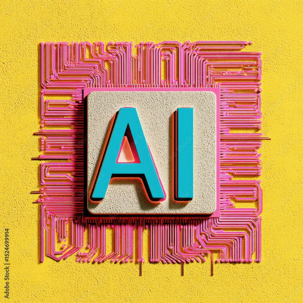 Poster vibrant ai semiconductor microchip with pink circuitry on yellow background, highlighting artificial