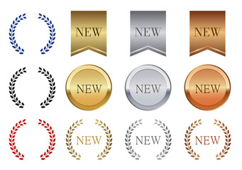 新着やランキングに使えるメダルとリボンのデザイン素材セット(金メダル 銀メダル 月桂樹 フレーム NEW 新商品 新着 サテン ベクター 編集可能)