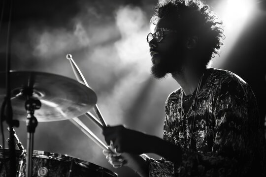 A drummer performs, A drummer passionately plays on stage