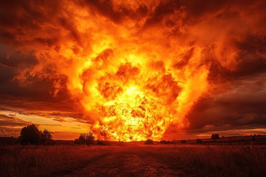 A fiery explosion in the sky, Heavens Aflame: Massive Fiery Blast Illuminates the Sky in a Sudden, Stunning Display