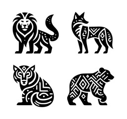 Geometric tribal animal icons lion wolf fox bear
