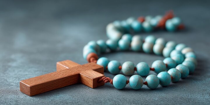 Whit Monday Wooden Cross and Rosary Beads with Futuristic Lighting for Spiritual Marketing and Holy Trinity Sunday Season Commercial Campaign