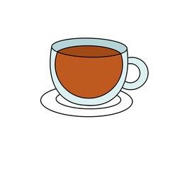 A cartoon cup of coffee is sitting on a saucer