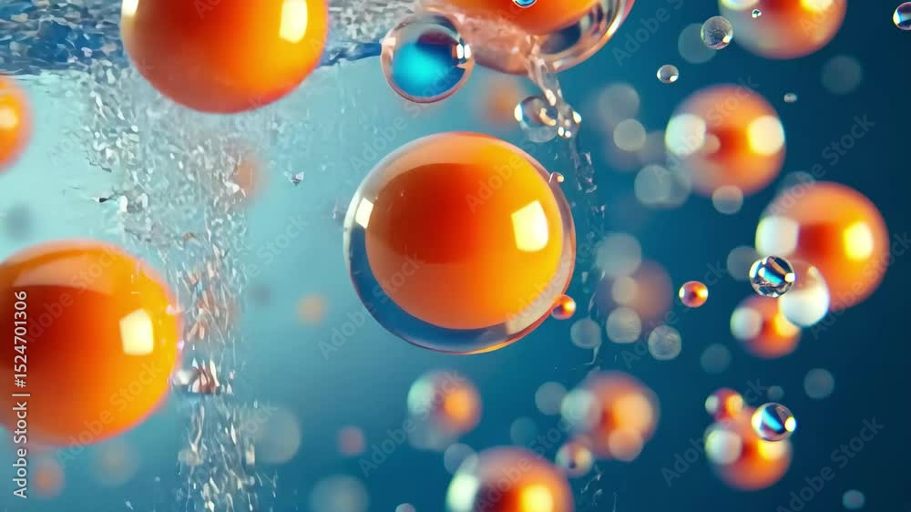 Poster visual exploration of dynamic orange particles and fluid formations in an abstract layout, abstract 