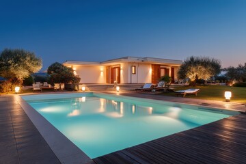 Fototapeta premium Modern villa with pool and night lighting exuding luxury and tranquility in residential oasis.