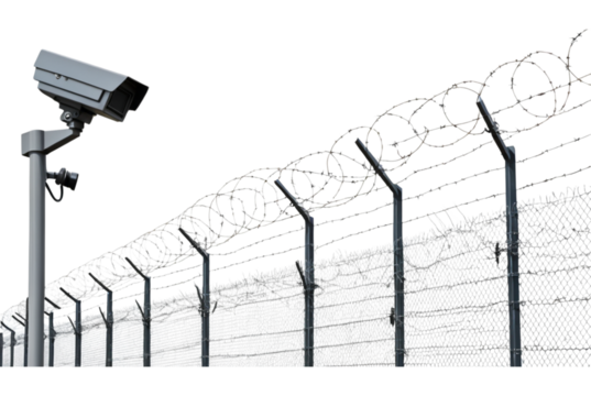 Modern prison fence and a pole with cameras monitor prisoners