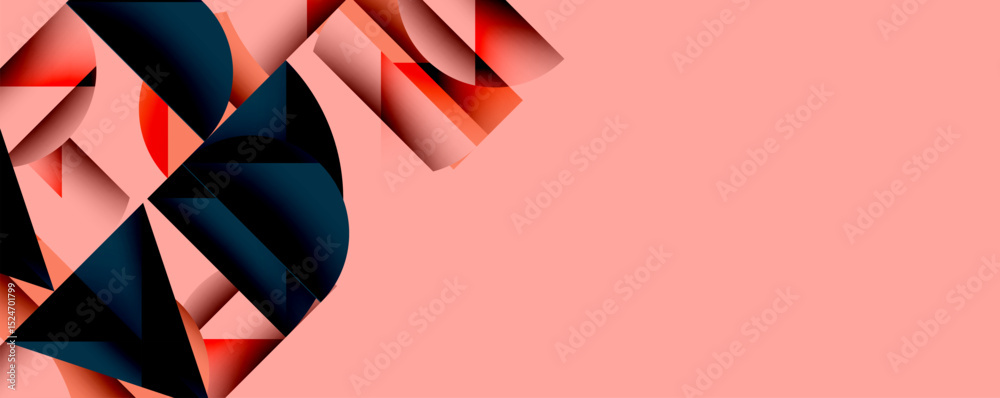 Poster Abstract geometric shapes, pink background. Red, dark blue elements create dynamic composition. Modern design, clean lines, visual interest.