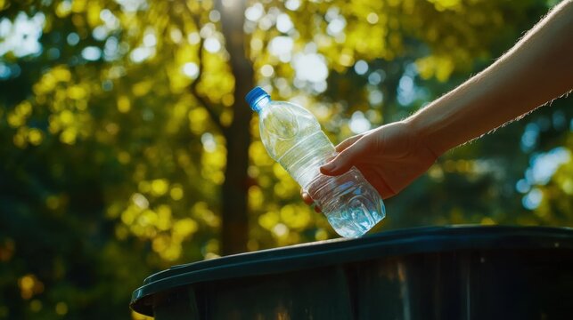 A person dropping a plastic bottle into a designated recycling bin, highlighting sustainable habits,