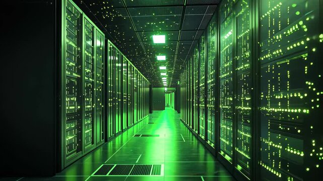 Exploring a supercomputer hive mind with layers of green glow in a futuristic data center, Supercomputer hive mind layers green glow 3d seamless