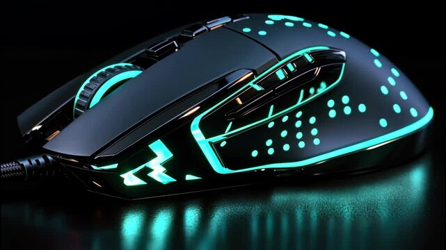 Futuristic black gaming mouse with glowing neon accents and sleek ergonomic shape
