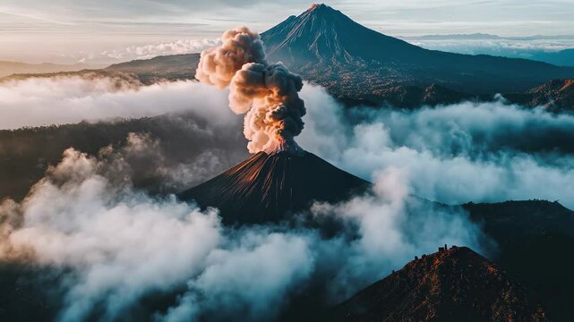 Merapi Volcano erupts dramatically, sending volcanic smoke into the sky during sunrise in Indonesia, Aerial Shot Of Merapi Volcano Erupting Volcanic Smog Indonesian active volcano drone shot