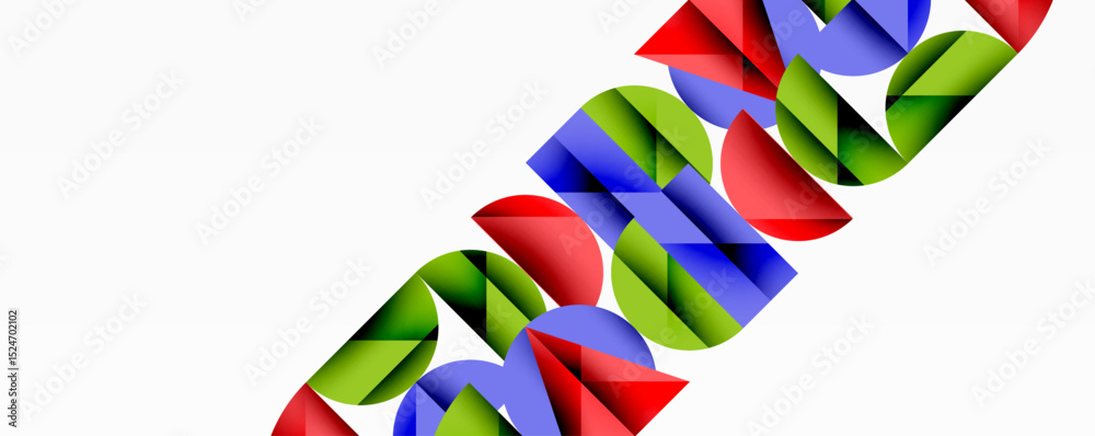 Poster Abstract geometric shapes overlap, creating colorful pattern. Red, blue, green elements dominate white background. Modern design.