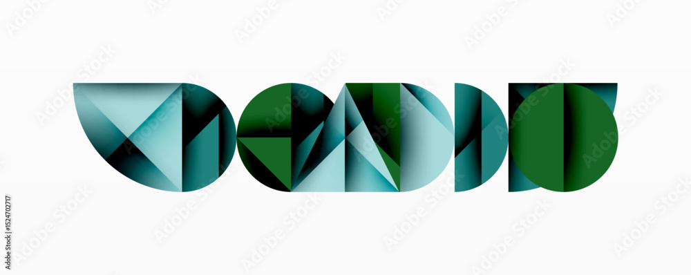 Poster abstract geometric design features stylized text. shades range from teal to dark green, creating mod