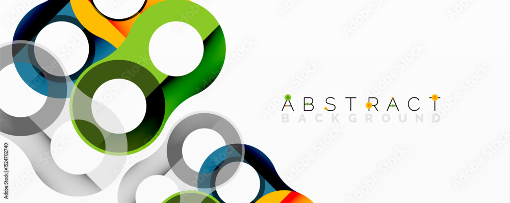 Poster Modern design features overlapping colorful circles. Bright hues contrast with white space, creating dynamic visual effect.