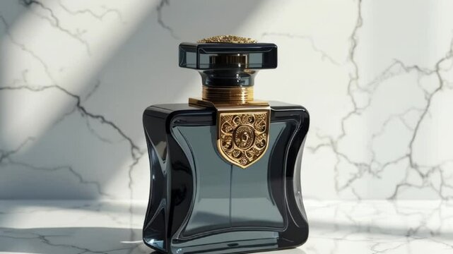 A luxurious, dark grey glass cologne bottle with elegant gold accents, adorned with intricately designed patterns, sitting majestically on a sleek, white marble background