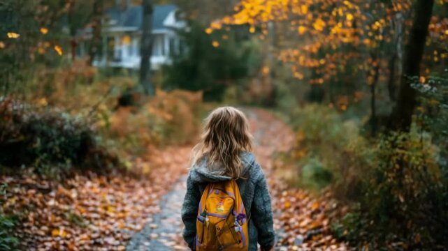 Little girl child walking home from school through autumn forest path  