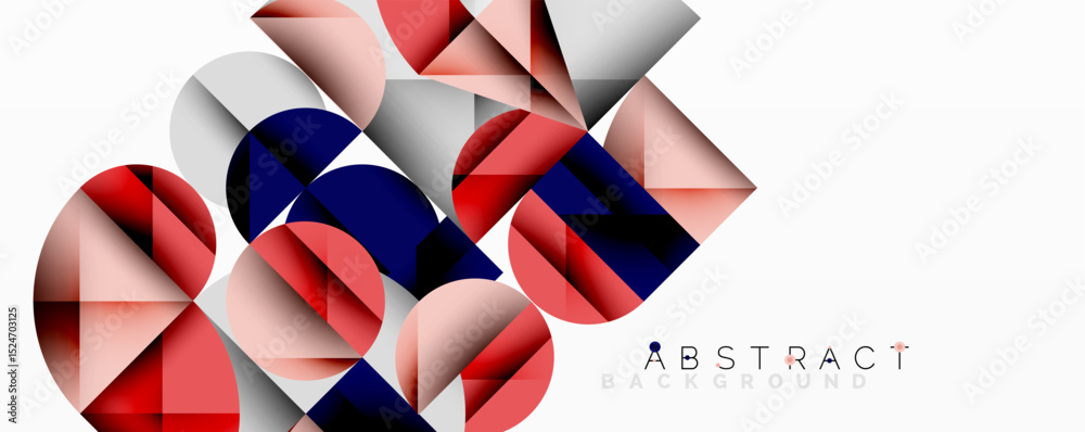 Poster Geometric shapes overlap, creating dynamic composition. Red, navy, silver tones dominate white background. Modern design element.